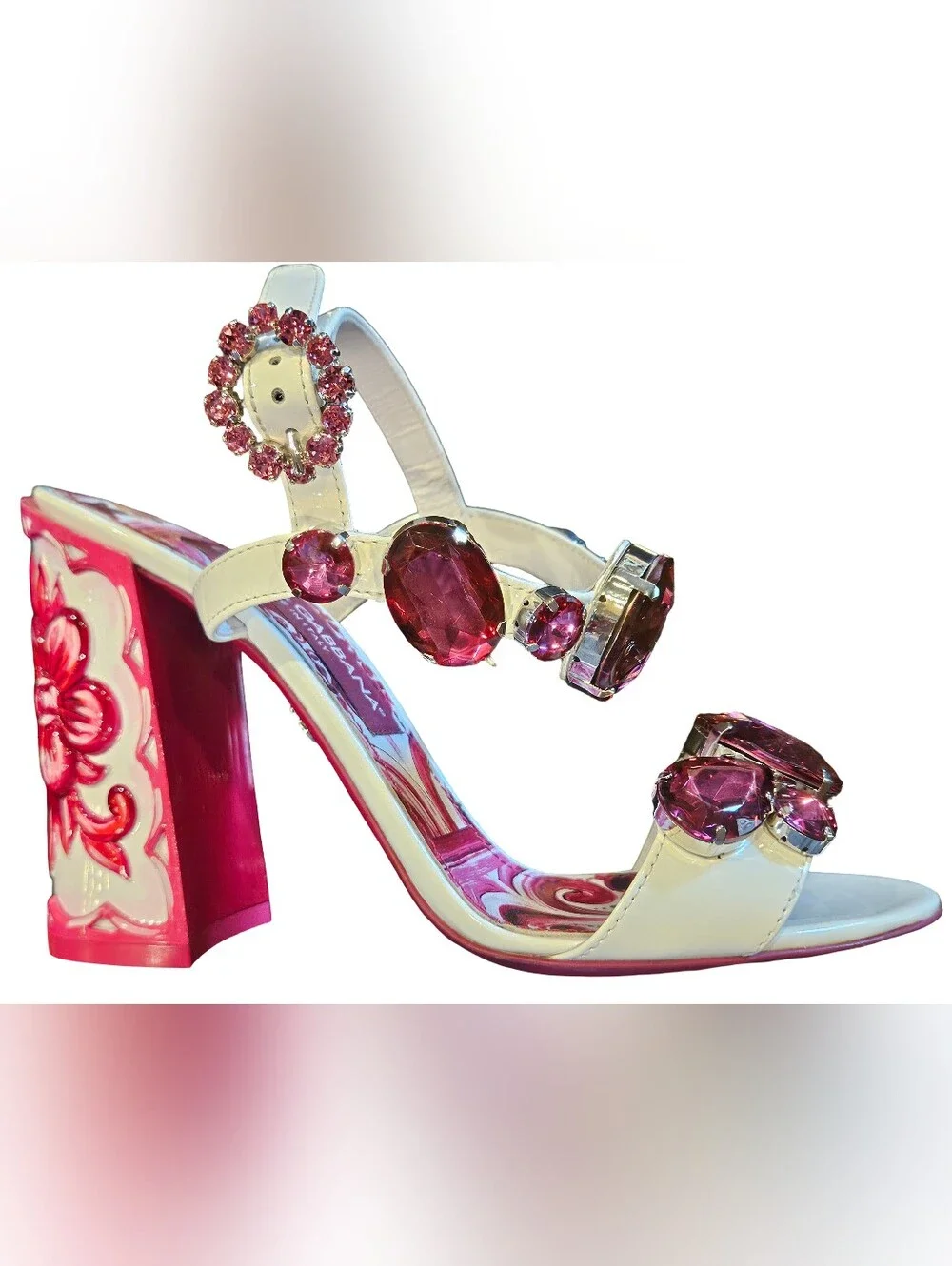 Dolce & Gabbana Size 38.5 (Size 8) White Sandals with Fuchsia Gem Accents